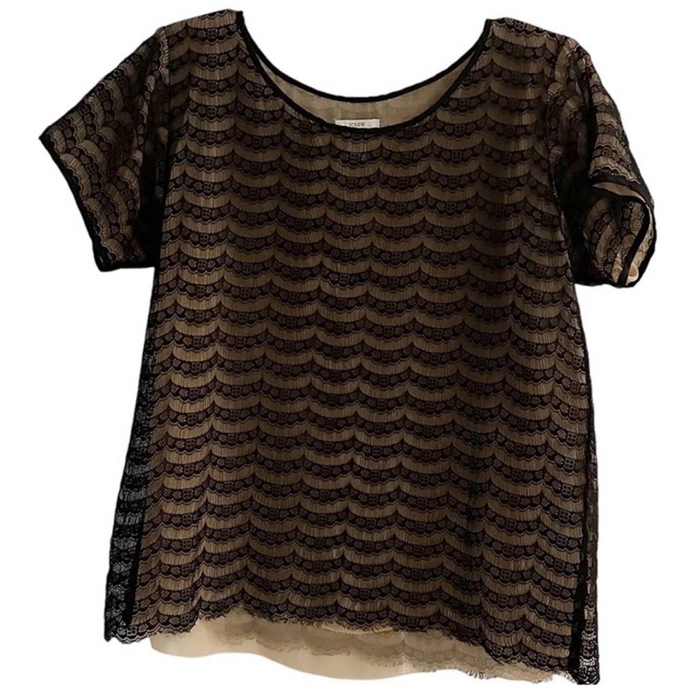 J Crew Black Lace Nude Lining Short Sleeve Blouse Top Shirt Small